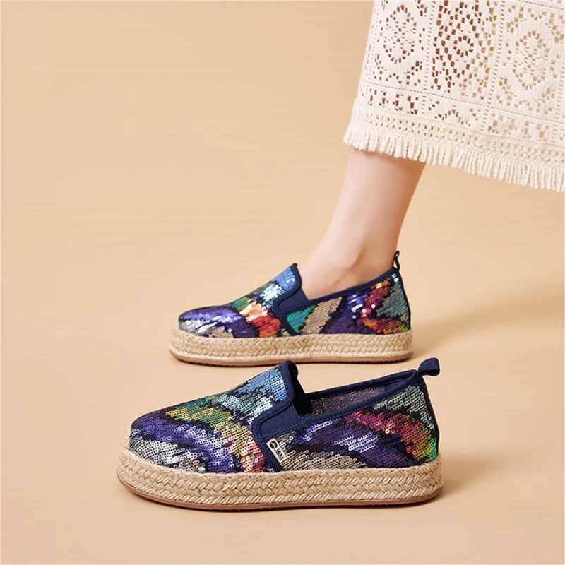 J&M Fisherman Shoes Women Casual Shoes Fashion Spring Summer Sequins Espadrilles Mesh Breathable Platform Slip-on Shoes Sneakers