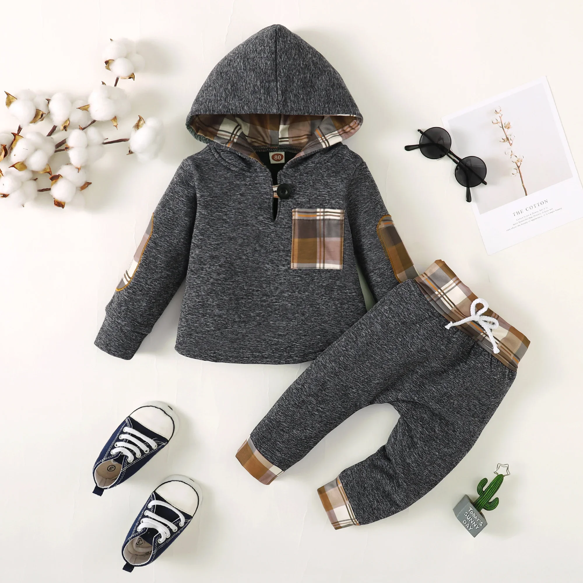 Winter Toddler Boy hoodie Clothes Baby Outfits, Little Boys Plaid Spliced Long-sleeved With Pants 2PCS Clothing Set