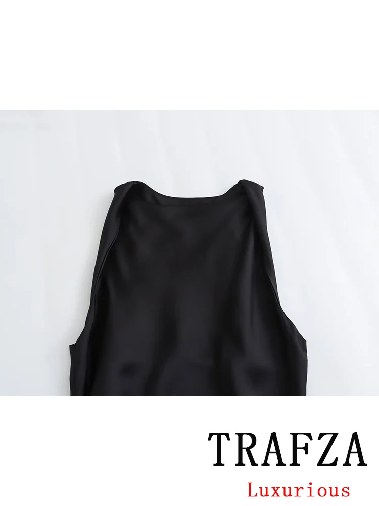 TRAFZA Vintage Casual Chic Women Dress Solid O-Neck Sleeveless Zipper Slim Dress Fashion 2024 Summer Holiday Sheath Dress