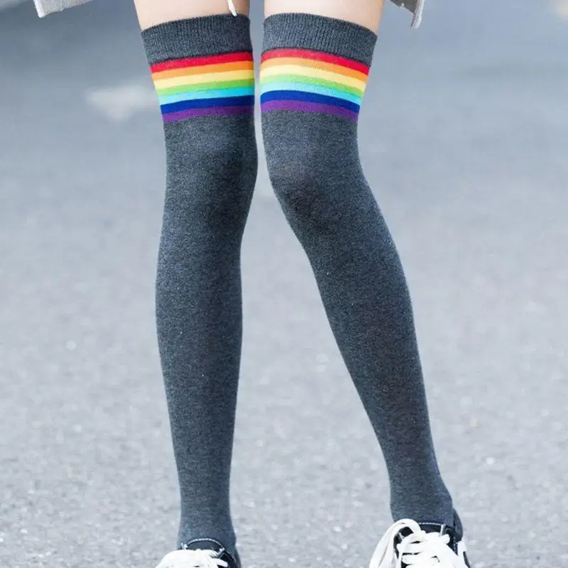 195E اليابانية النساء الفتيات الخريف فوق الركبة الفخذ العليا جوارب مشرق قوس قزح المشارب المرقعة نمط Preppy طالب بسط #5