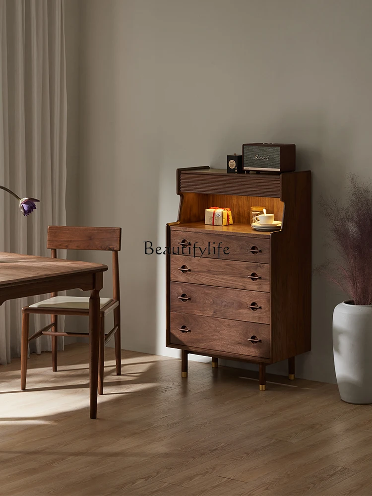 Nordic Chest of Drawers Solid Wood Black Walnut Light Luxury and Simplicity Storage Drawer Side Cabinet