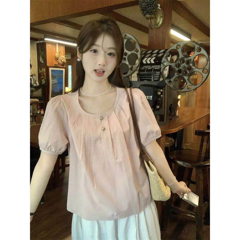 Women Summer Simplicity Loose Temperament Pleated Solid Color O-neck Short Sleeve Shirts Ladies Sweet All-match Fashion Top Tee