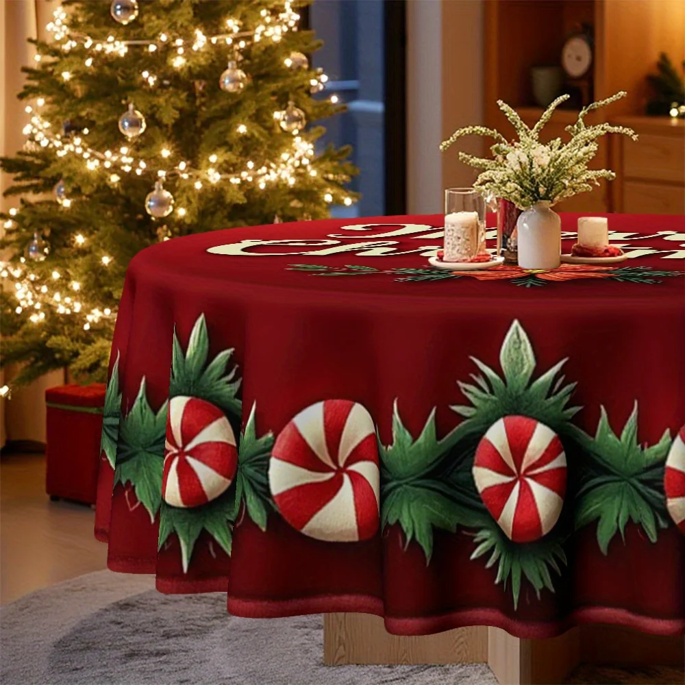 1 tablecloth, Christmas, holiday-themed round tablecloth with candy canes and holly leaf borders