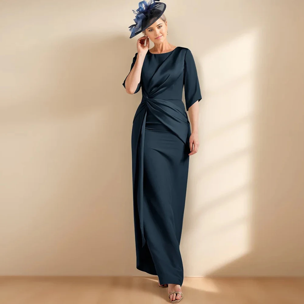 Customized Mother of The Bride Dress Simple Elegant Scoop Neck 3/4 Sleeves Pleated Column for Wedding Guest Gowns Party Dresses