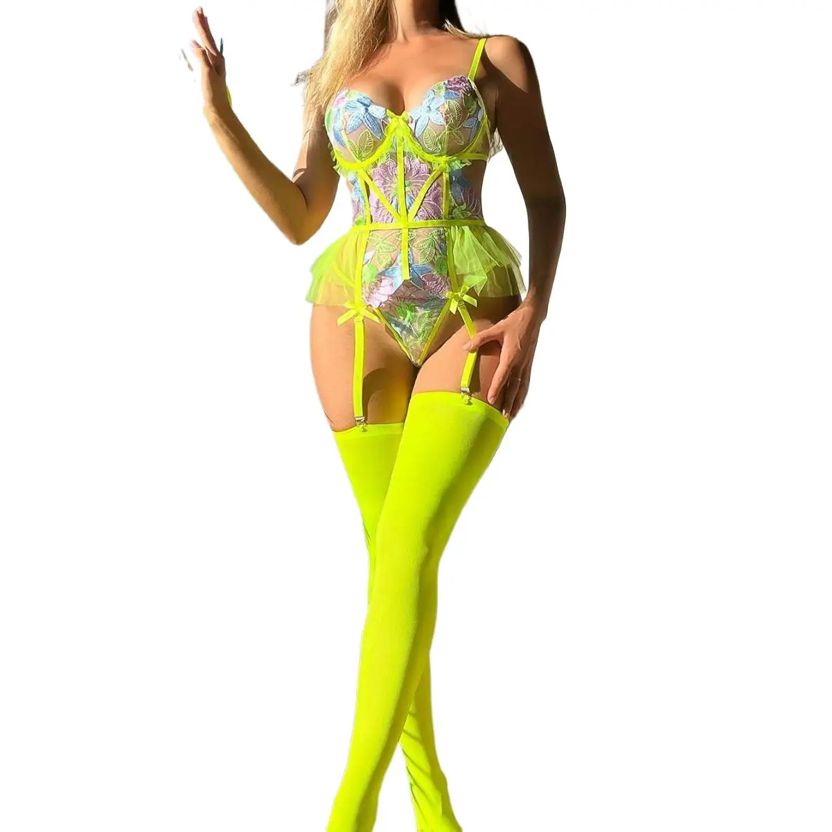 

Sexy Fluorescent Green Corset Bra Set Lace Flower Embroidery Backless Sheer Sexy Lingerie with Stockings Bridal Nightwear Suit