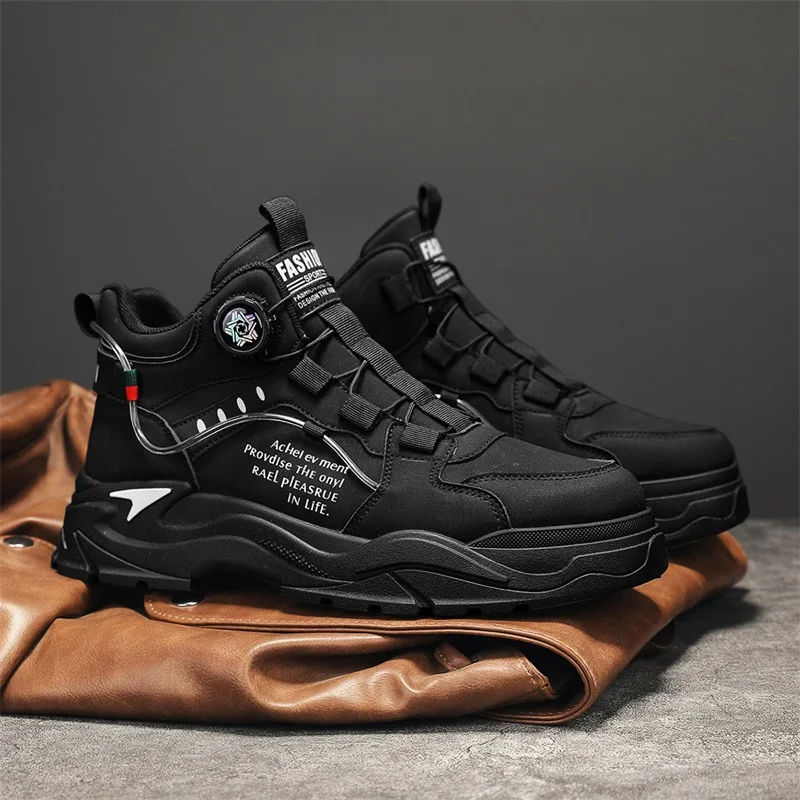 

Черные мотоциклетные туфли с вращающейся кнопкой, мужская обувь с высоким берцем на платформе, мужские рабочие кроссовки, удобные кожаные мужские ботильоны