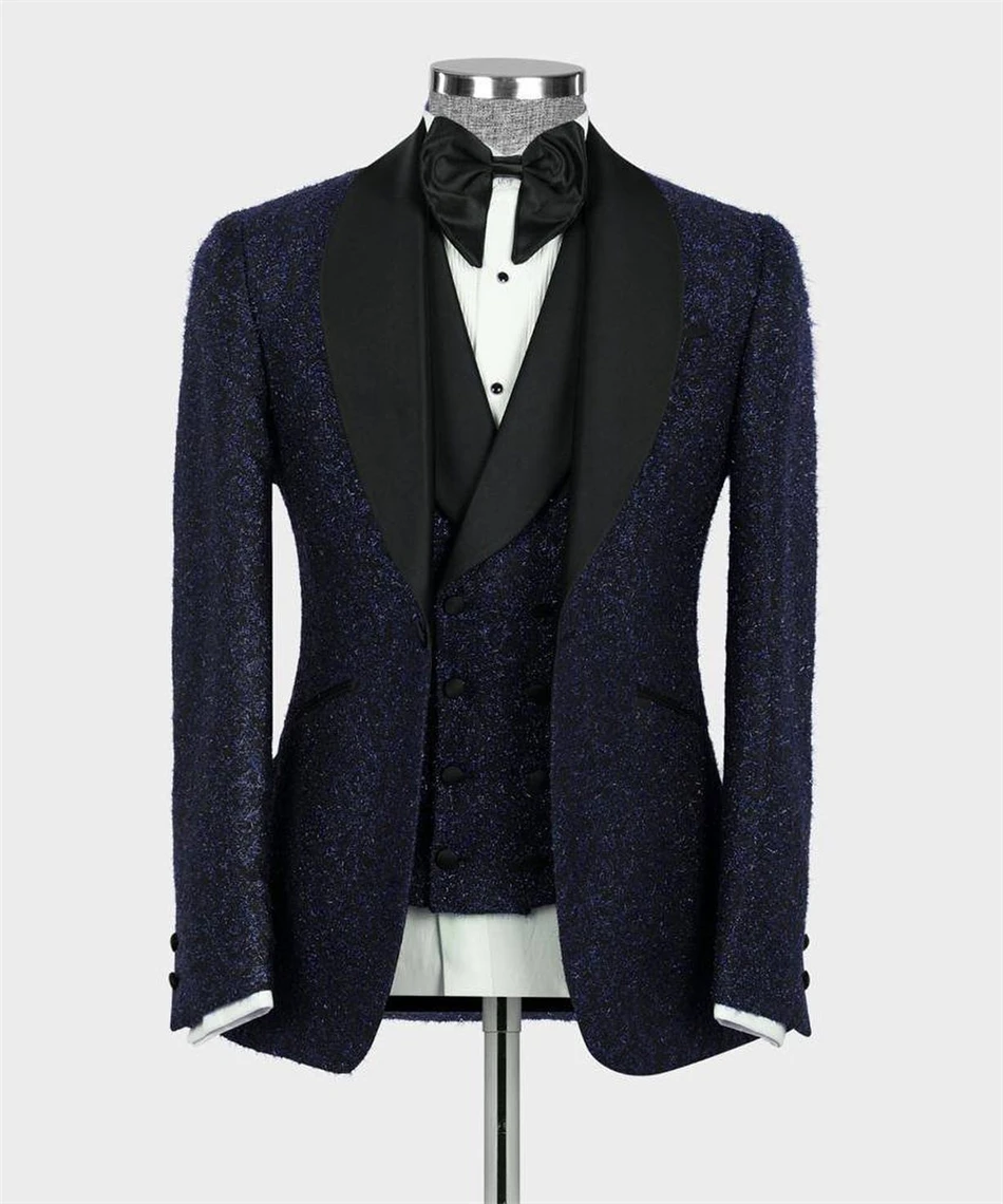 Traje azul marino con purpurina para hombre, esmoquin para novio de boda, 2 aberturas, Blazer, chaleco, pantalones, conjunto de chaqueta para fiesta, ocasión especial