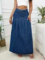 Retro pleated design sense heavy industry denim skirt women's high waist slimming A-line pleated long skirt for tall people pay