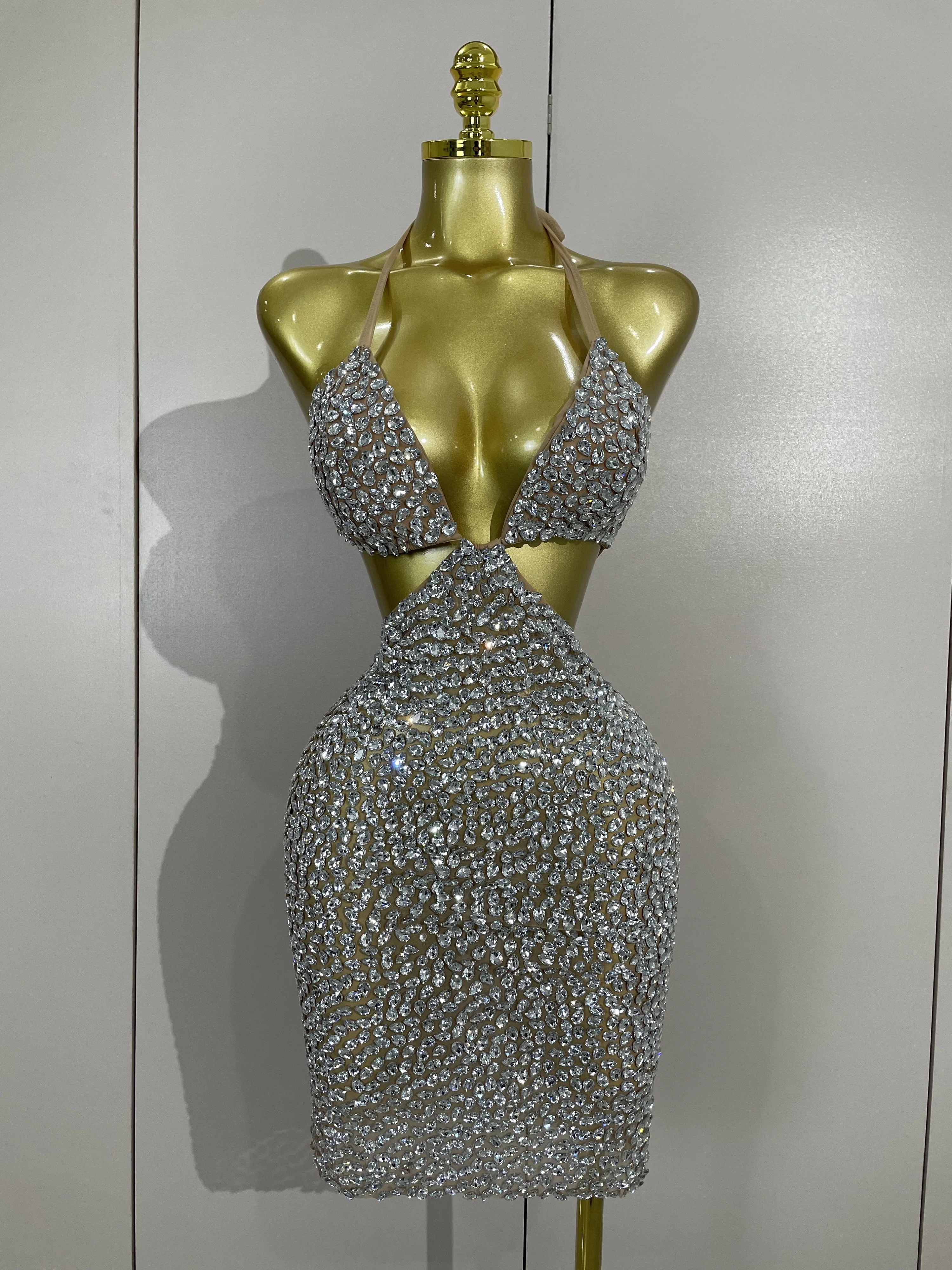 

Luxury Sparkly Crystal Diamonds Sexy Mesh Sheer Bodycon Dress Women Celebrity Elegant Birthday Singer Nightclub Stage Costume