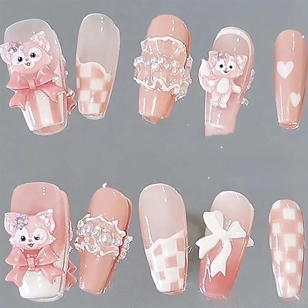 Rosa Kawaii Sweet Girly Show White Linabell hecho a mano 3D Wear Nail Show White Bow Pearl desmontable Party Nail Art Gift Girl