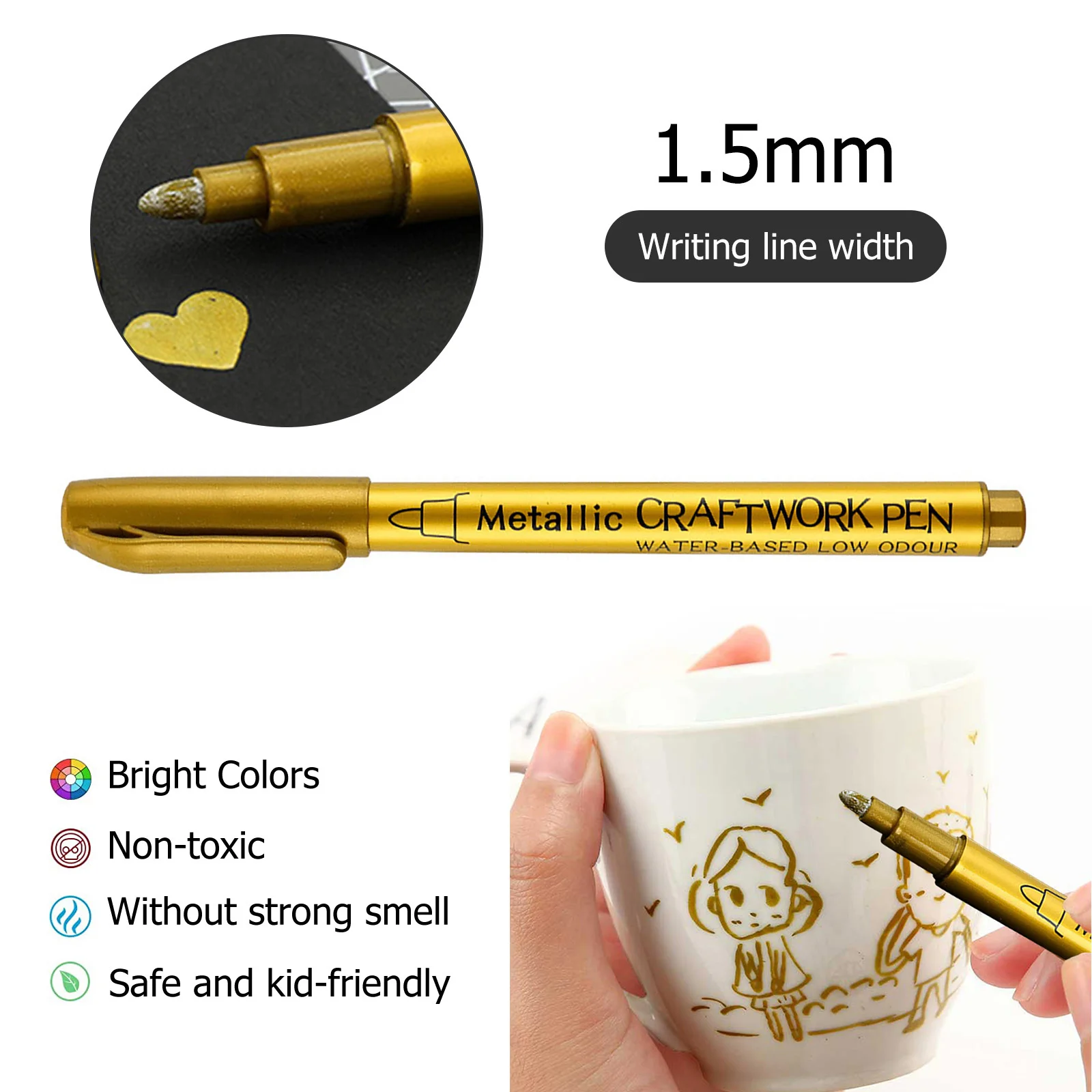 2Pcs Metallic Marker Pen Quick Drying Permanent Marker Pen Gold Silver Color Oil Based Paint Markers Student Drawing Supplies