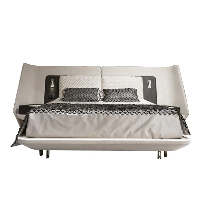 

Light luxury suspended bed leather art master bedroom home villa creative bedside table with lamp widescreen bed suspended