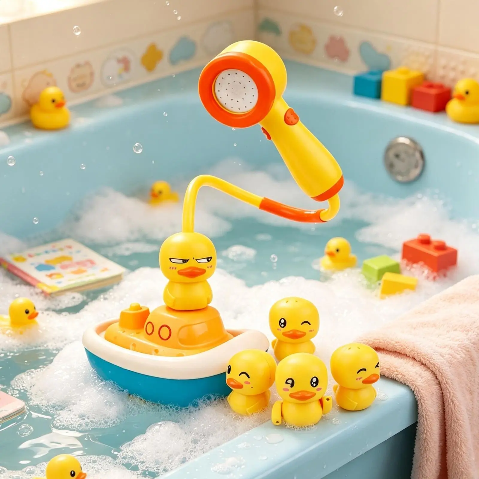 Boat Bath Toy With 3 Water Modes Shower Head Electric Boat With 3 Squirting Ducks Suction Cup Bathtub Toys For Boys Girls