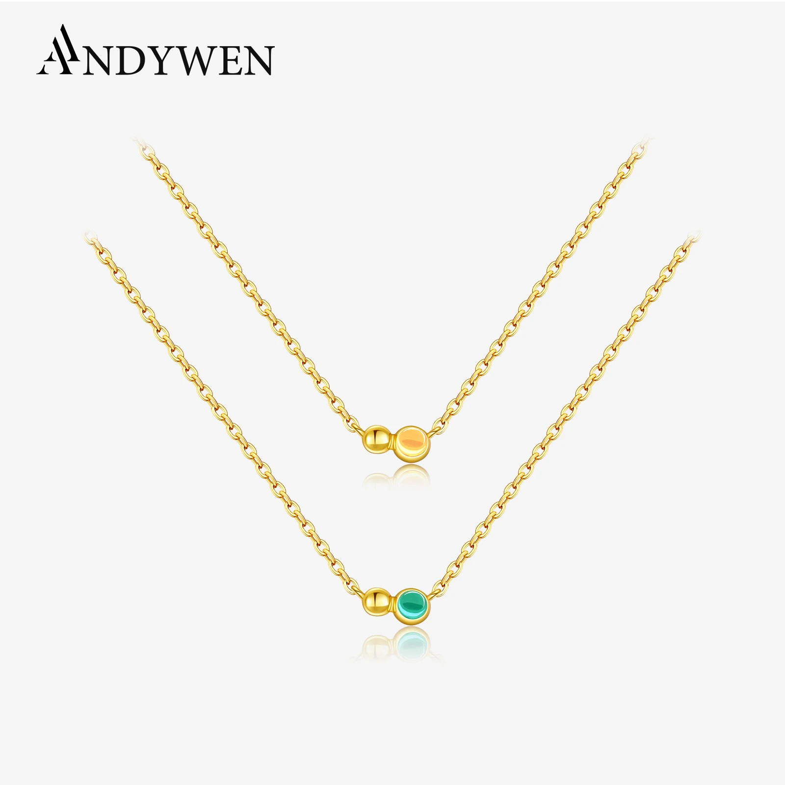 

ANDYWEN 925 Sterling Silver Orange Green Round Pendant Necklace Fashion Zircon Gems Women Fine Chain 2025 Wedding Jewelry