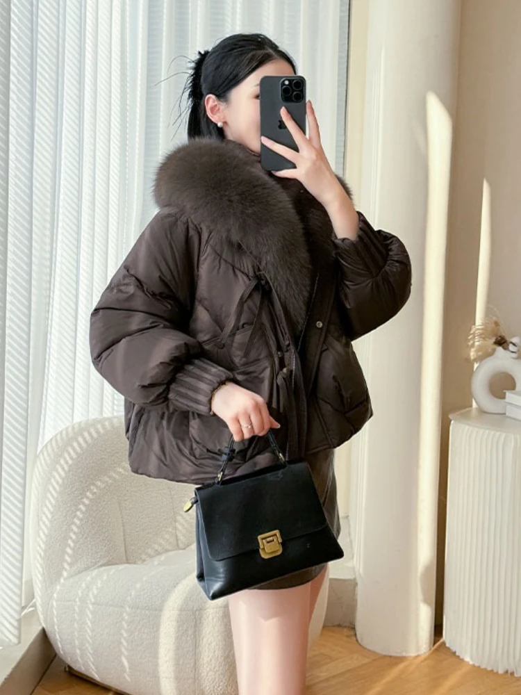 

2025 Women New Winter Clothes Fahsion Thick Warm Natural Fur Puffer Jacket Big Real Fox Fur Collar White Duck Down Coat Female