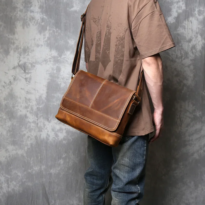 

New Crazy Horse Leather Men's Bag Original Retro Shoulder Bag Horizontal A4 Postman Bag Handmade Leather Crossbody Bag.