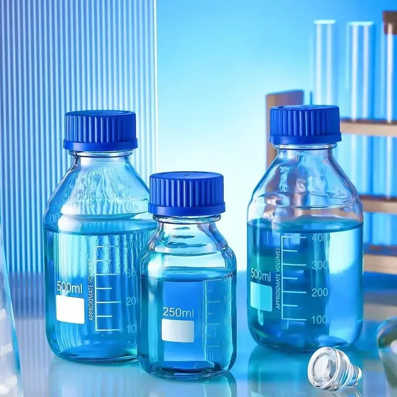 100‑250ml Graduated Round Glass Reagent Bottle, Blue Screw Cap Laboratory Chemical Storage Container