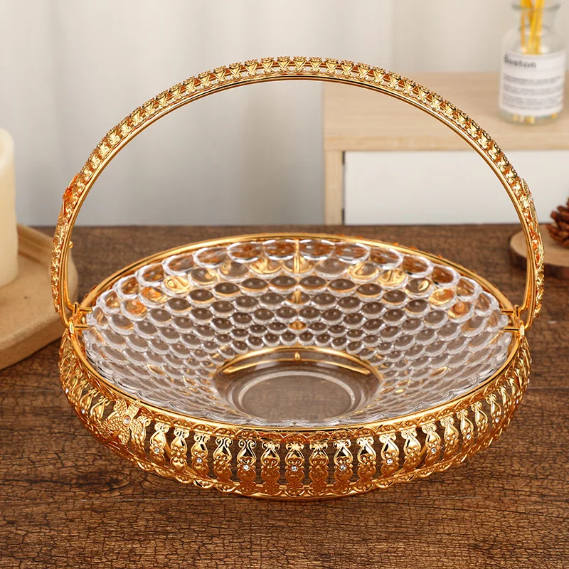 European luxury gold glass fruit basket living room table decoration fruit basket hotel banquet portable advanced fruit basket