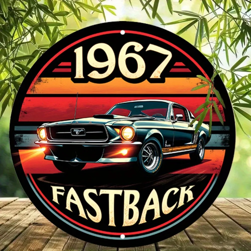 1967 Fastback Vintage Car Round Aluminum Wall Art, Sunset Design, Rustic Green Car Decor for Home, Pre-Drilled