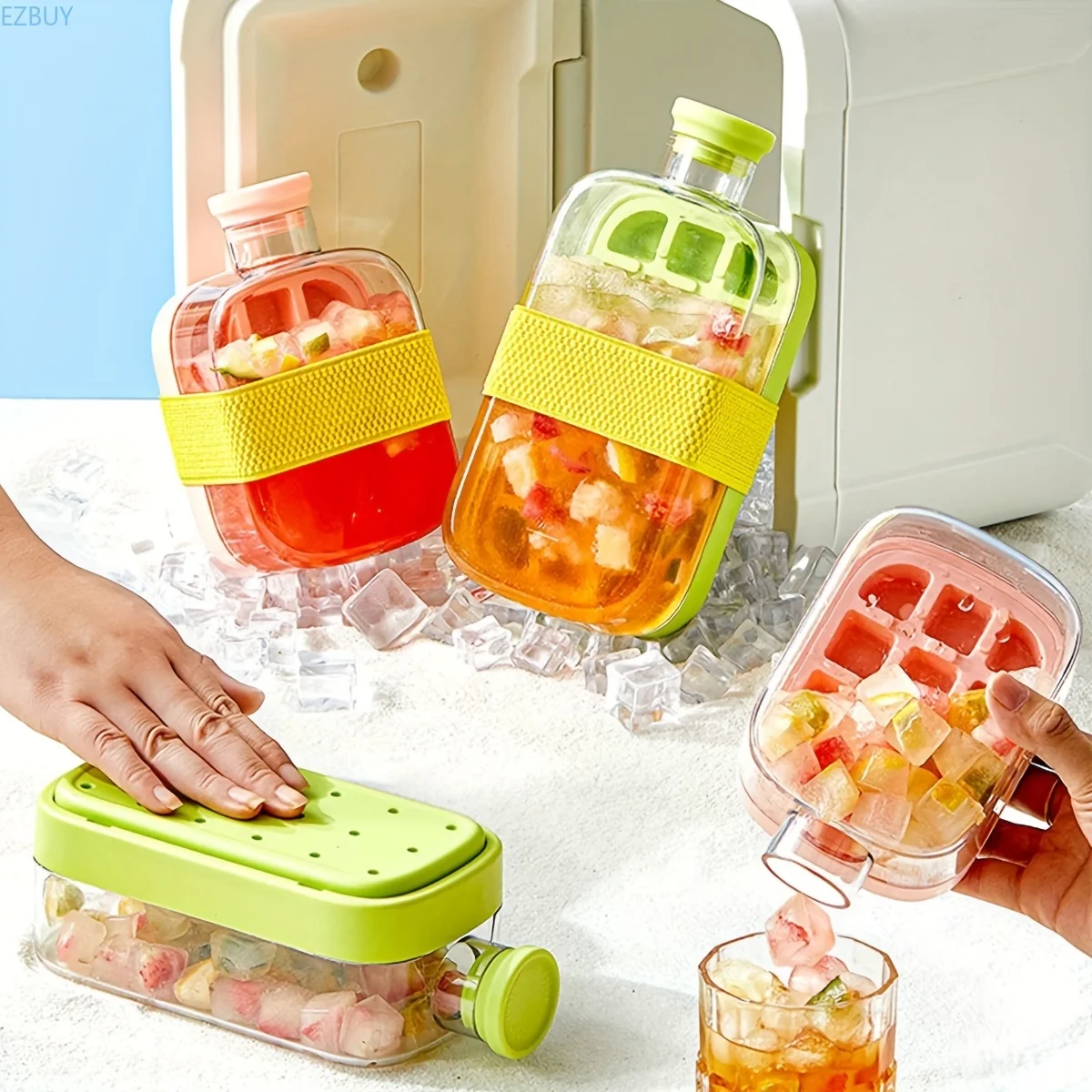 2-in-1 Ice Maker Ice Tray Water Bottle Press Bottle Portable Kettle With Lid Ice Making Straw Silicone Kettle No Touch Mould
