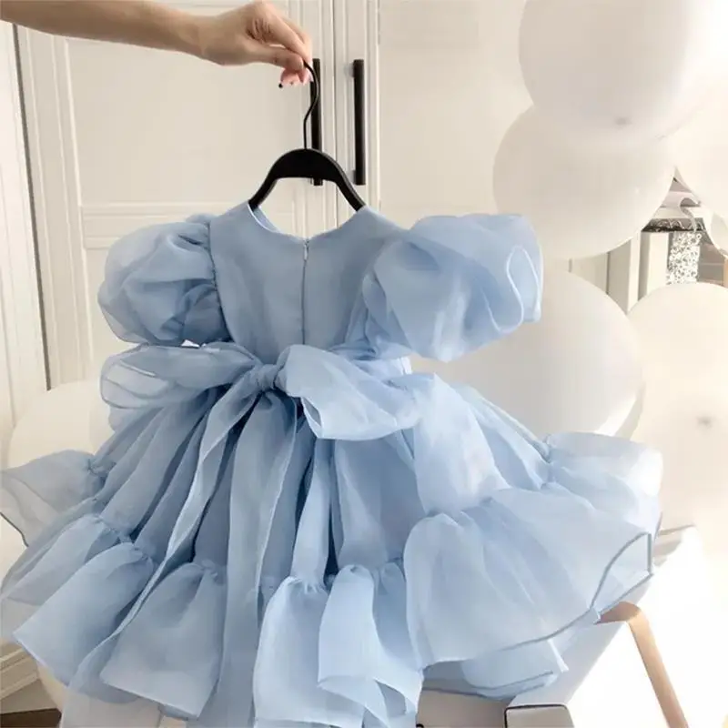 Girls High-end Princess Dress 2025 Autumn and Summer Sweet and Fresh Blue Lotus Leaf Lace Dress Children Stylish Dress