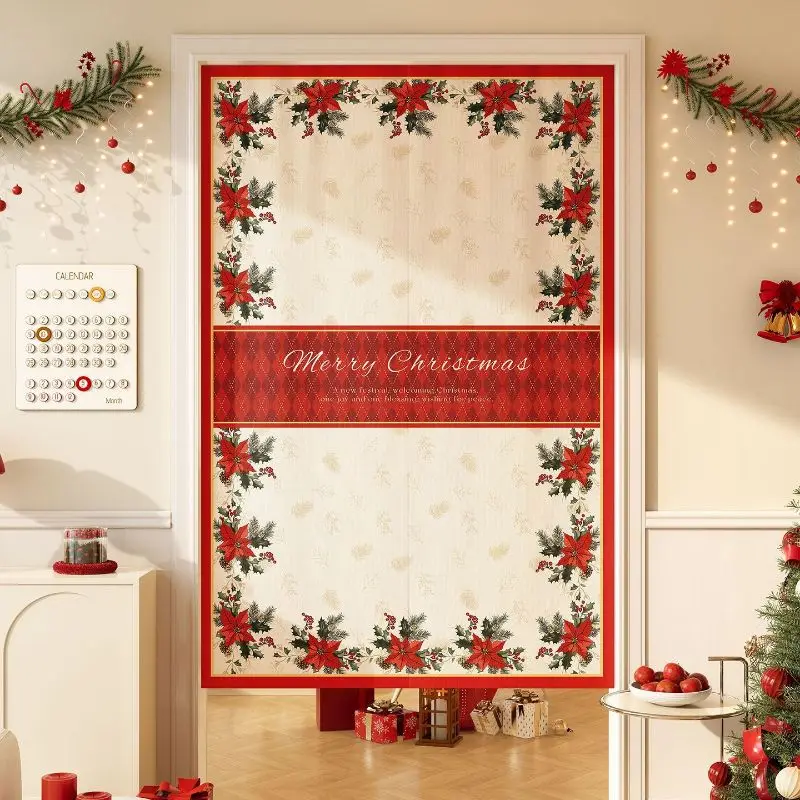 VIKAMA Christmas Plaid Happy Holidays Door Curtain Scarlet Emerald Tartan Cream Text Flat Kitchen Dining Entryway Party Soft