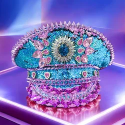 HongLuan Women men Military caps rhinestone gemstone sequin festive navy party hat adult parties army accessories Halloween