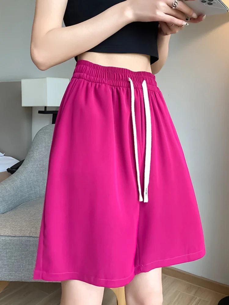 Shorts d'été pour femmes, couleur unie, style coréen, taille haute, avec cordon élastique, bleu, avec poches