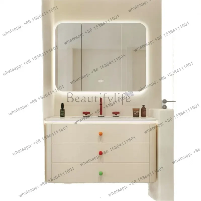 

yj57 Dopamine girl heart cream wind bathroom cabinet ceramic integrated basin combination, smart mirror
