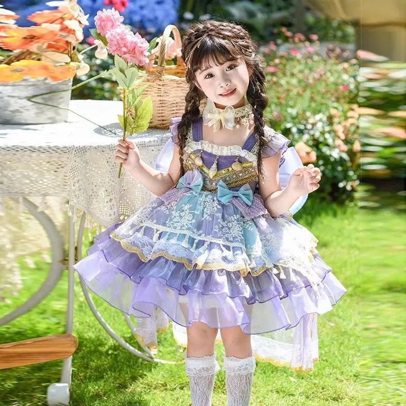 Girls Spanish Backless Sundress Floral Lace Bow Embroidery Dress Toddler Princess Lolita Ball Gown Infant Birthday Party Clothes