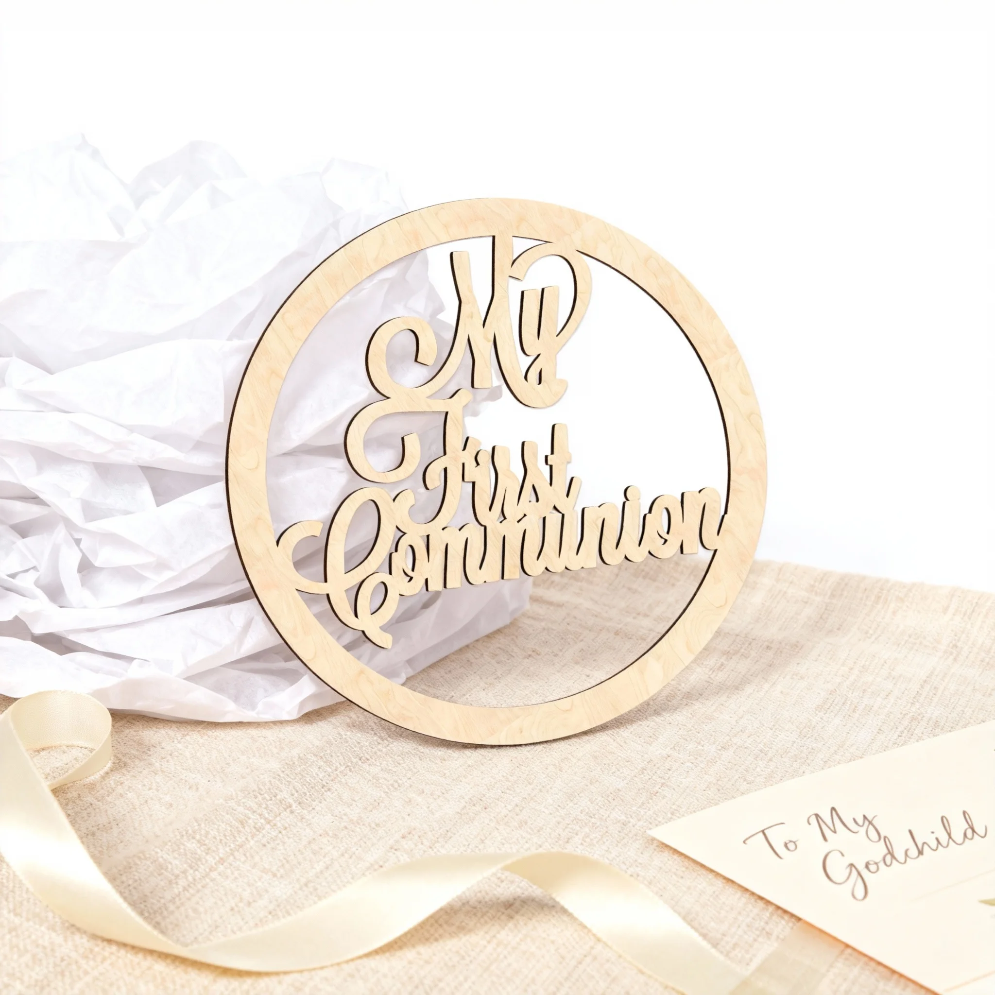 

My First Communion Wooden Wall Sign - 30cm Round Laser Cut "My First Communion" Decor, Religious Keepsake Gift