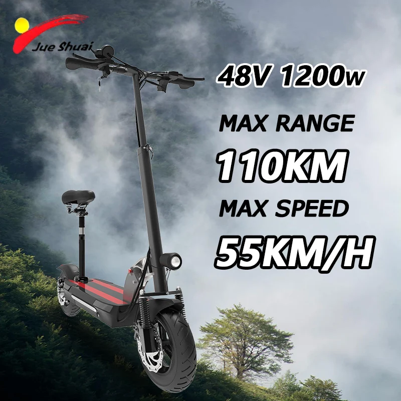 48V 1200W Rear Motor Electric Scooter 55KM/H Max Speed E-Scooter 110KM Max Distance Patinete Eléctrico 10'' Pneumatic Tyres