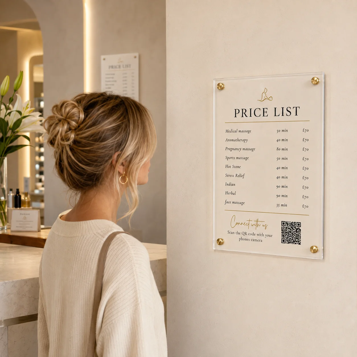 Personalised Acrylic Price List Sign With QR Code Custom Wall Plaque Beauty Hair Massage Salon Decor Business Reception Displ