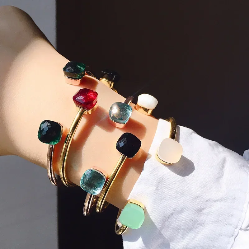 

21 Color Crystal Candy Style Bangle Gold Color Mix Freely Matched Colors Adjusted Size Open Bracelets For Women