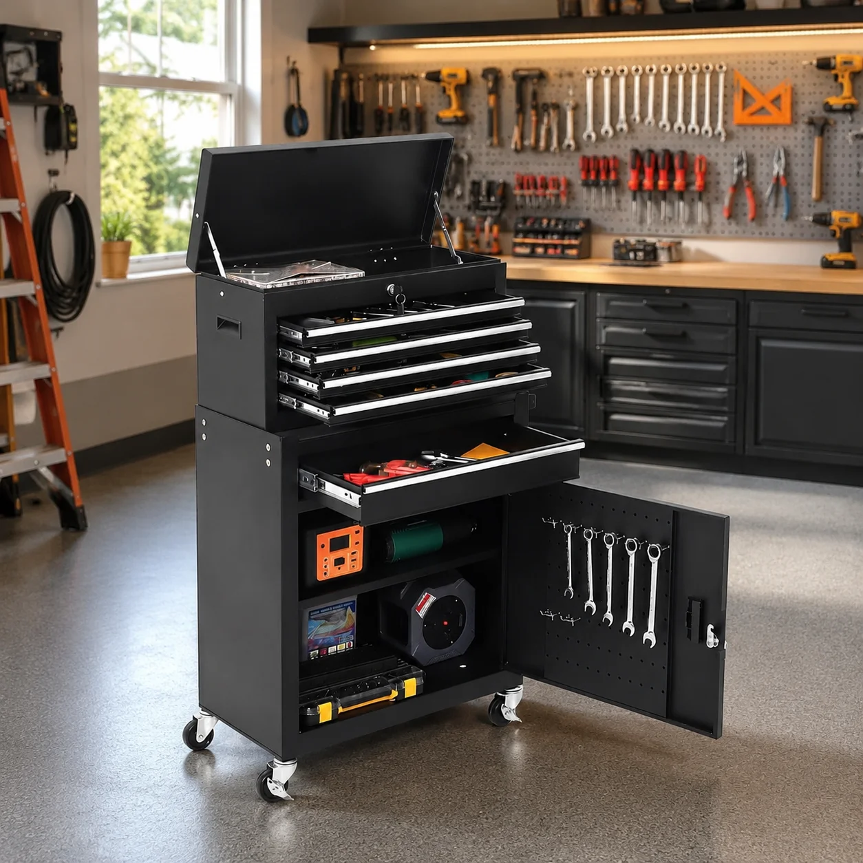 Workshop Tools Box - ตู้เก็บเครื่องมือแบบมีล้อ 5 ลิ้นชัก พร้อมกล่องเครื่องมือแบบถอดได้และล็อคได้, ตู้เก็บเครื่องมือเหล็กเคลื่อนที่พร้อมล้อหมุน, รถเข็นเก็บเครื่องมือสำหรับโรงรถ/อู่ซ่อม