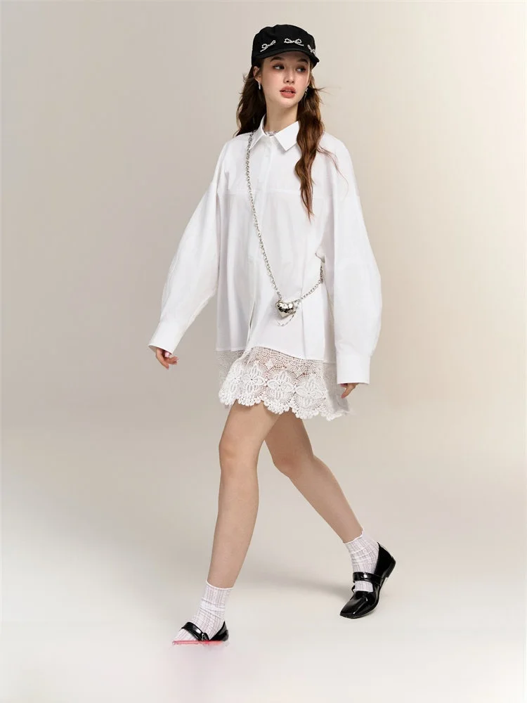 

Женская повседневная хлопковая блузка с длинным рукавом и воротником, с ребристым кружевным подолом, новинка весенней коллекции