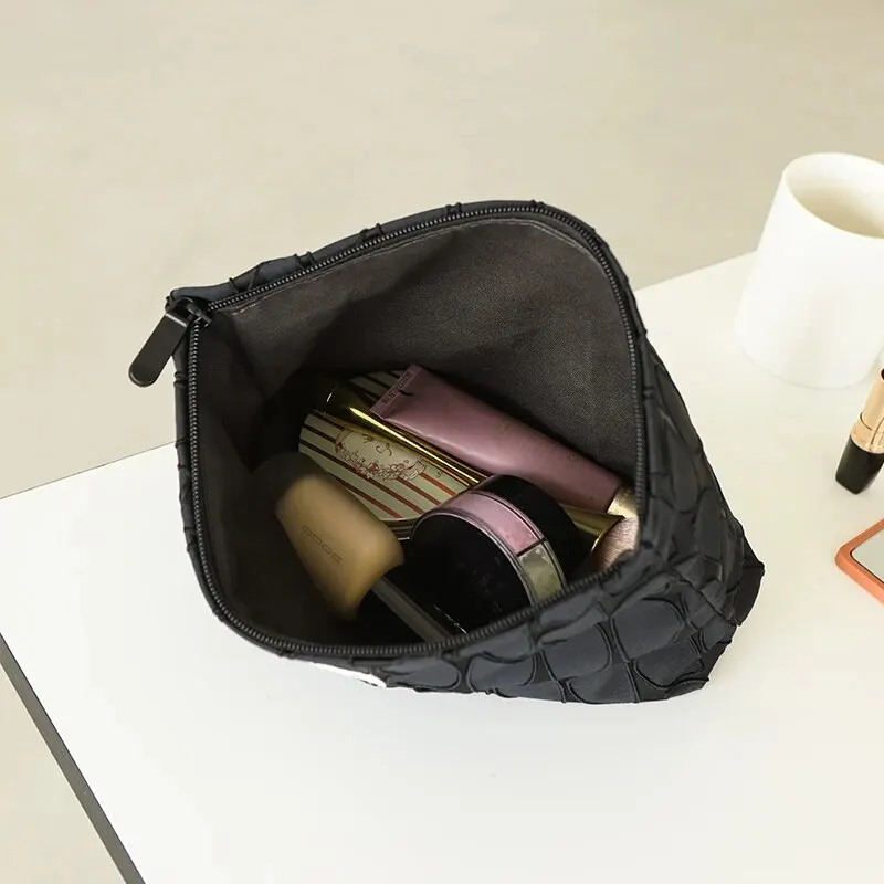 Borsa per il trucco da donna borsa per la conservazione del tovagliolo sanitario con cuscino d\'aria per rossetto nero di grande capacità borsa da