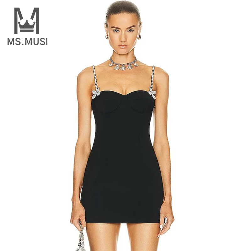 

MSMUSI 2024 New Fashion Women Sexy Strap Bow Diamond Crystal Sequins Sleeveless Backless Bandage Party Club Bodycon Mini Dress