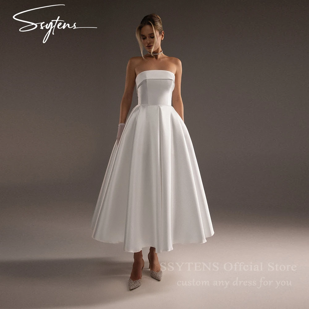 

SSYTENS Strapless Wedding Dresses Pockets Ankle Length A-Line White Zipper Back Bridal Gown for Women Customized Bride Dresses
