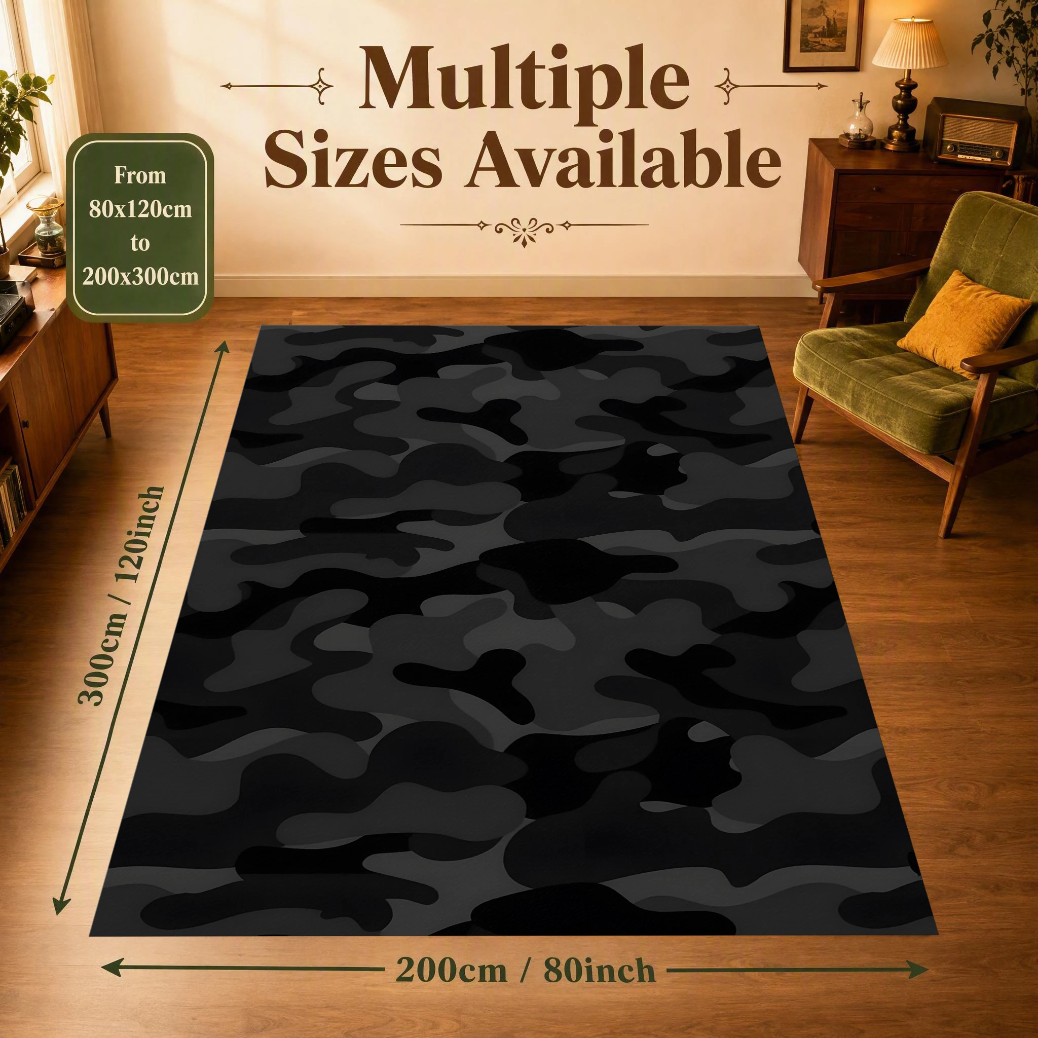 2D Carpet in Black and Gray Camouflage as a Trendy and Cool Choice for Living Room, Gaming Room, and Bedroom