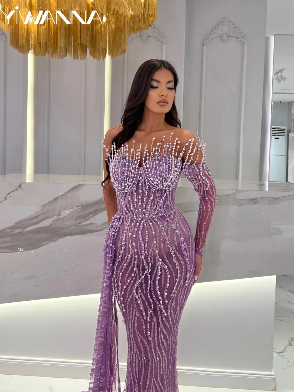 Purple Mermaid Long Sexy Illusion One Shoulder Evening Dress Glitter Beads Pearls Prom Gown Cocktail Dresses Robe De Mariée