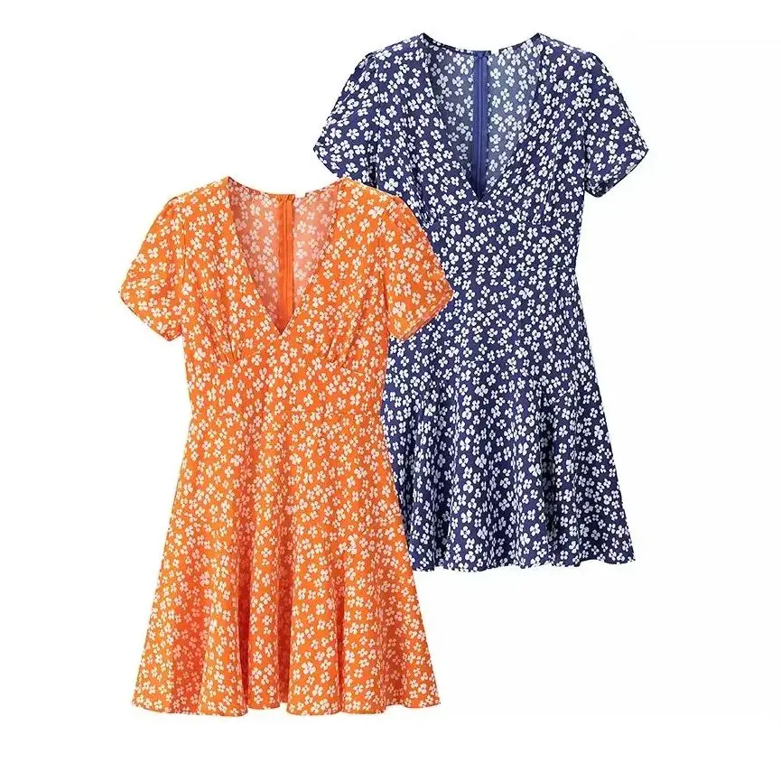 Kondala moda 2025 vintage laranja impressão primavera vestido chique bohe vestido com decote em v manga curta férias plissado impressão mini vestidos