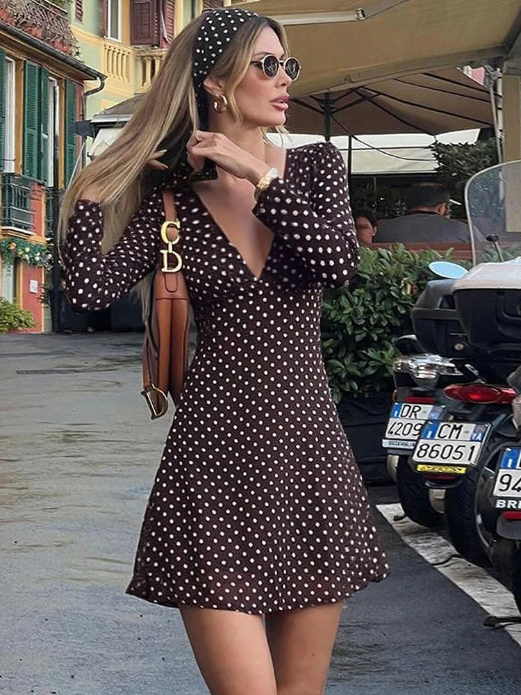 فستان JULISSA MO مثير بفتحة رقبة شكل v عميقة ومطبوع فستان نسائي بني بأكمام طويلة فستان قصير أنيق للخريف فستان نادي الحفلات