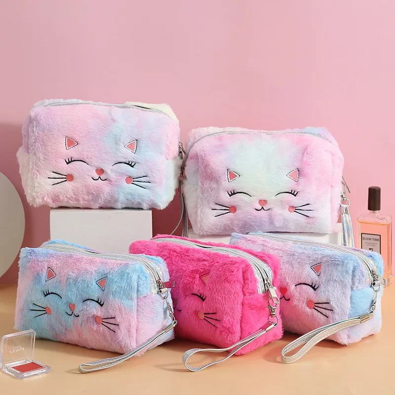 

2023 Kawaii Cat Plush Cosmetic Lipstick Purse Storage Bag Pencil Case Women Girls Makeup Handbags Wallet Organizer Pouch Pen Bag