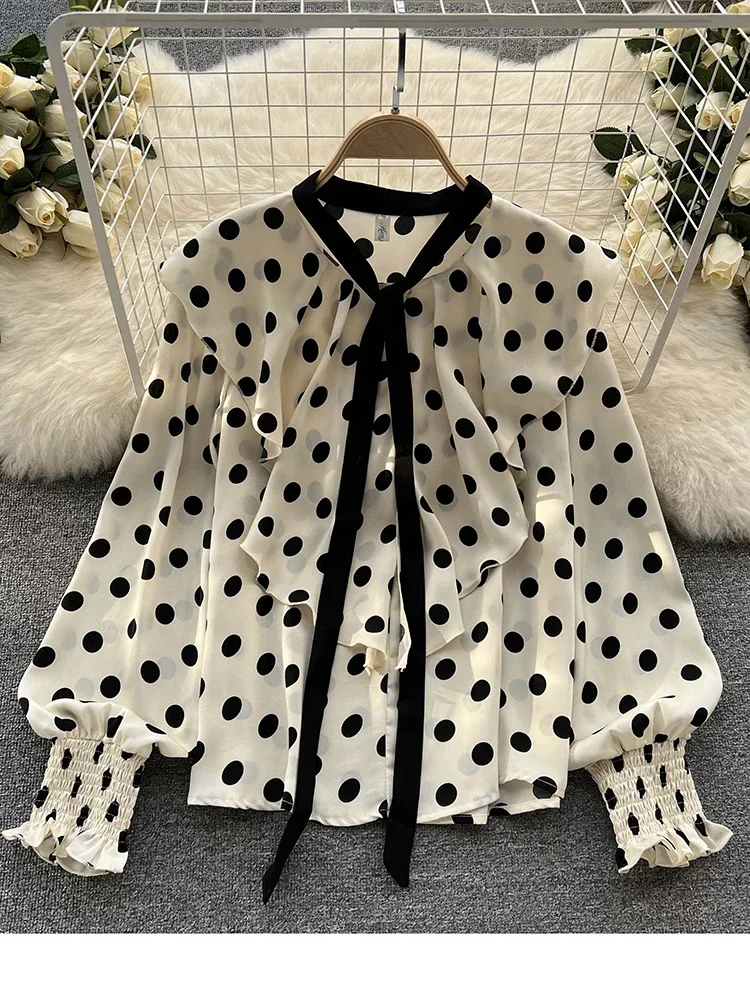 Spring French Polka Dot Blouse Design Sense Ruffled Slim Sweet Streamer Age-reducing All-match Chiffon Shirt Tops Female D0352