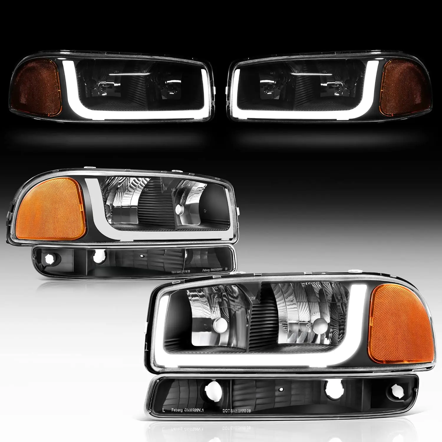 LED DRL Headlight Assembly Compatible with 1999 2000 2001 2002 2003 2004 2005 2006 GMC Sierra 1500 2500 3500/00-06 GMC Yuk