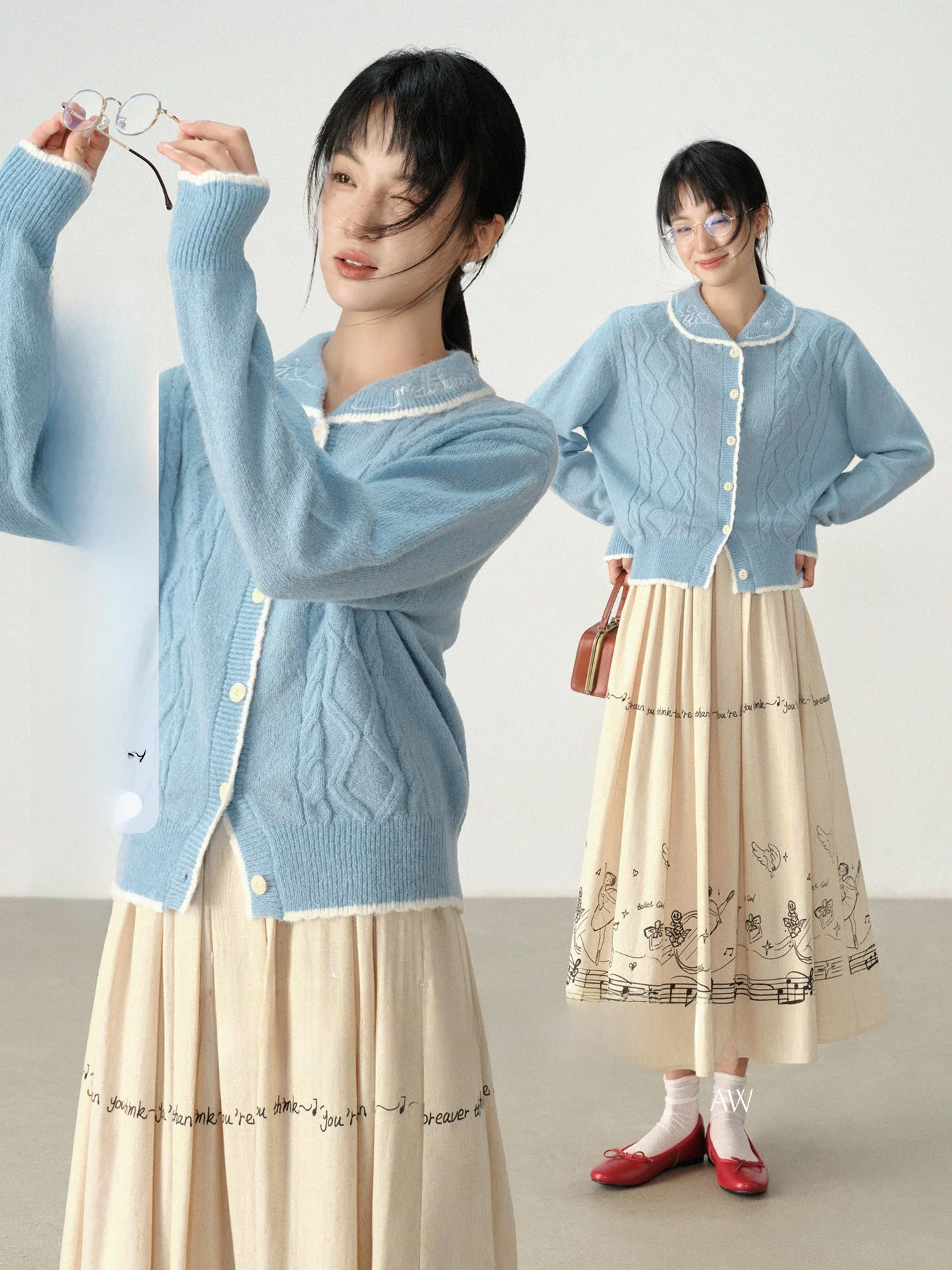 

Rabbit Light Sound Ballet Artistic Girl Autumn Embroidered Twisted Wool Sweater Cardigan Cotton Linen Printed Long Skirt