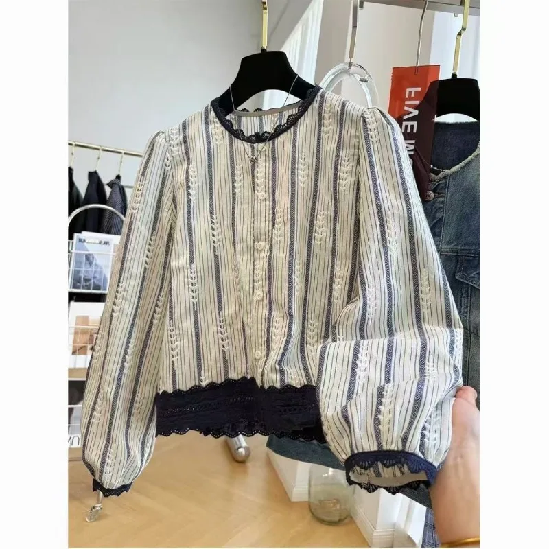 Women'S Long-Sleeved Shirt Fashionable Vintage Stripes French Style Autumn Ladies Clothes Lace Trim T-Shirts Y2k Cropped Tops