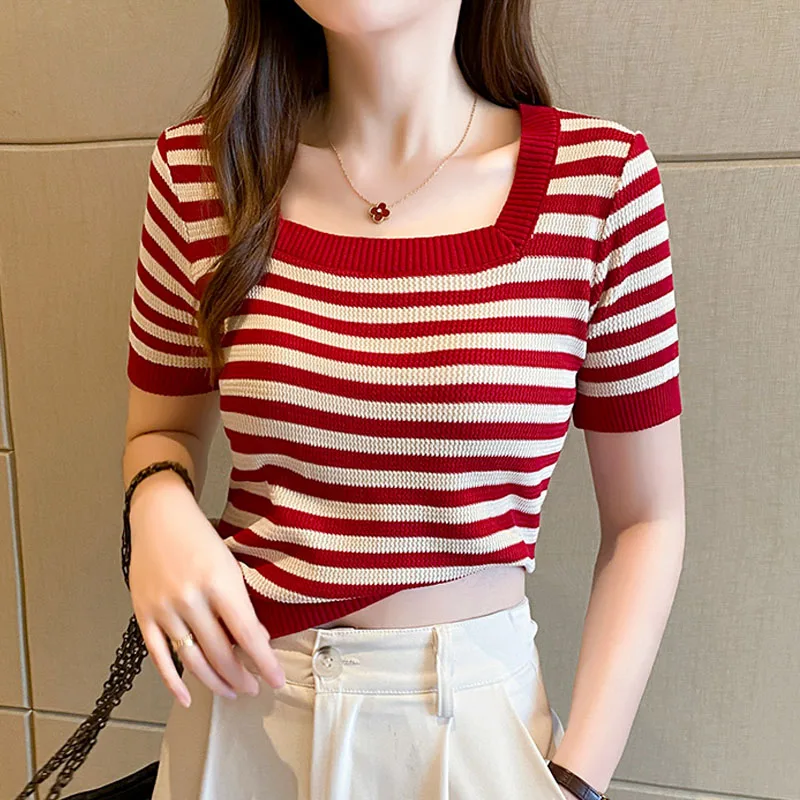

Вязаный свитер для женщин, модный пуловер с квадратным воротником, вязаный свитер-пуловер, женские топы с коротким рукавом, полосатая женская одежда Q3461