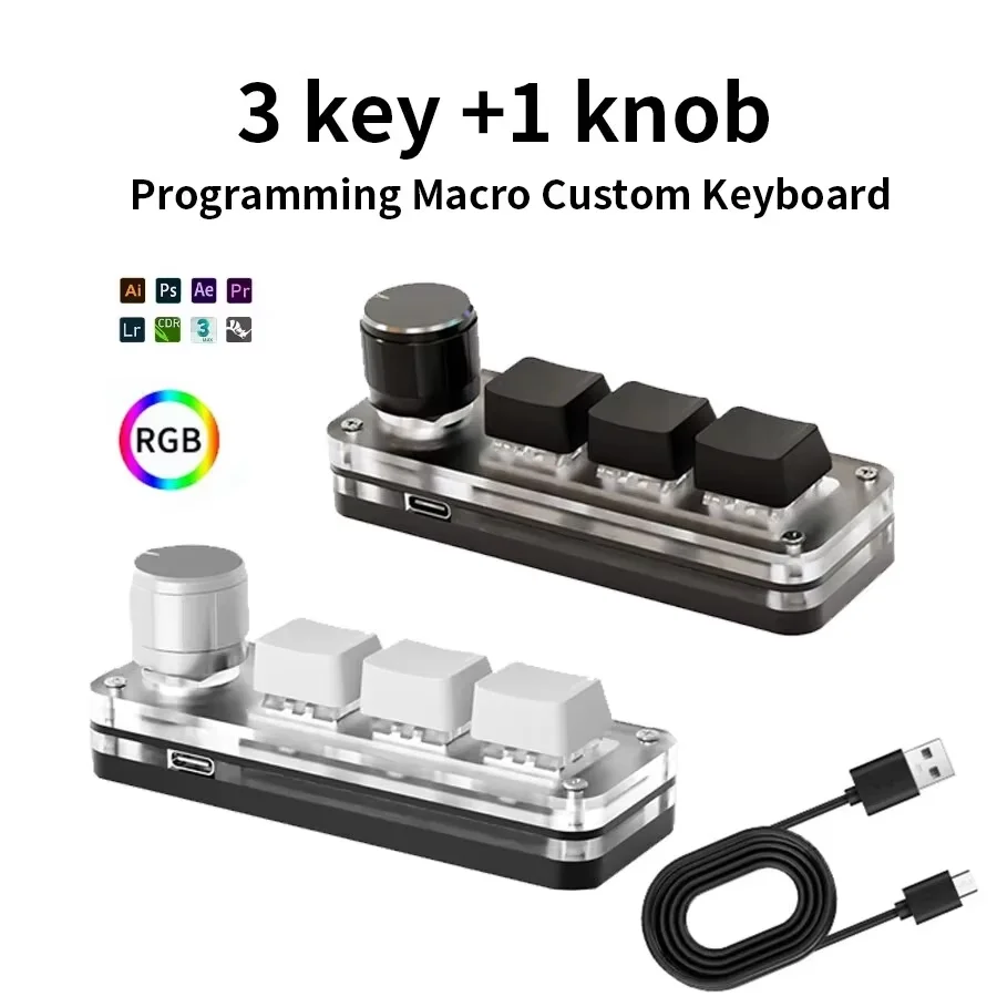 Macro Mechanical Keyboard 3 Keys 1 Knob USB RGB Mini Gaming Custom Programming Knob Switch Portable Keypad For Photoshop